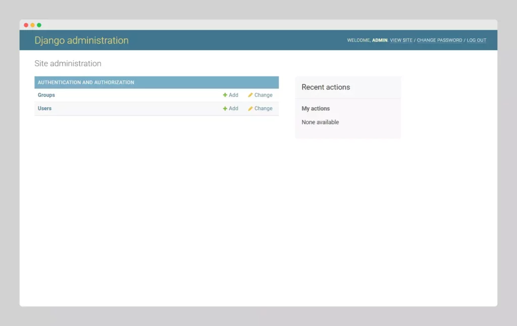Django's admin panel, screen where newly created superuser can see registered models.